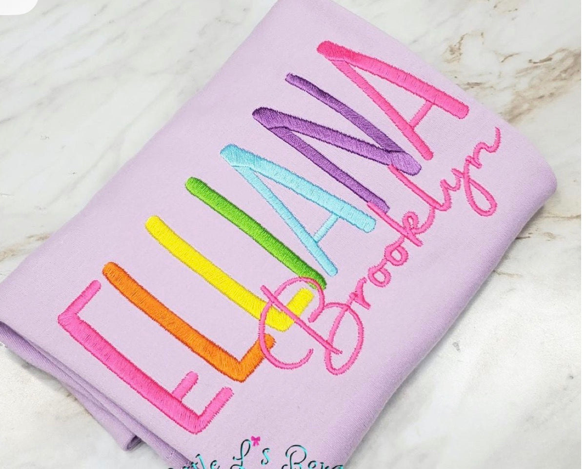 Bright like me custom rainbow monogrammed sweat-$32 Long sleeve T-$28 Short sleeve T-$24