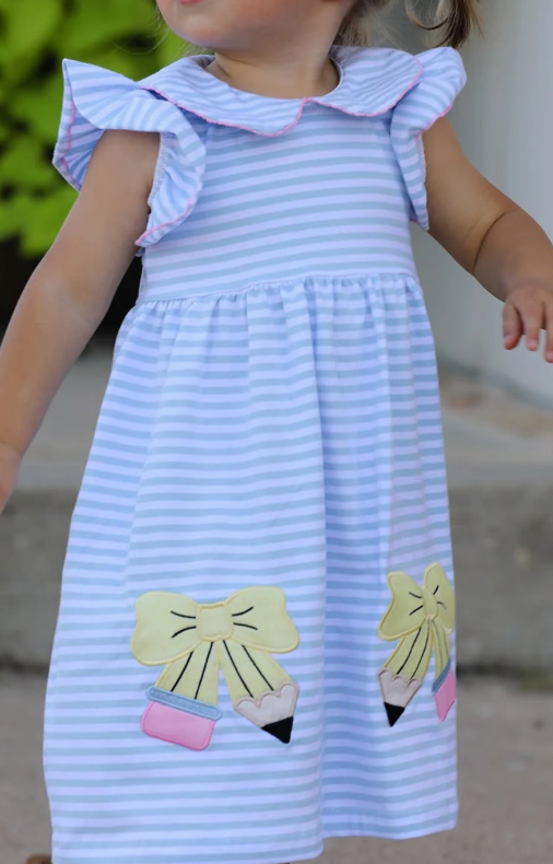 Back to School Girls Stripe Pencil Appliqué Bow Dress