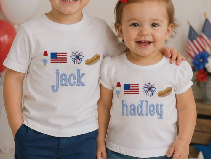 Kids 4th of July Embroidered Monogram Shirt, Boys Patriotic Girl Personalized Tee