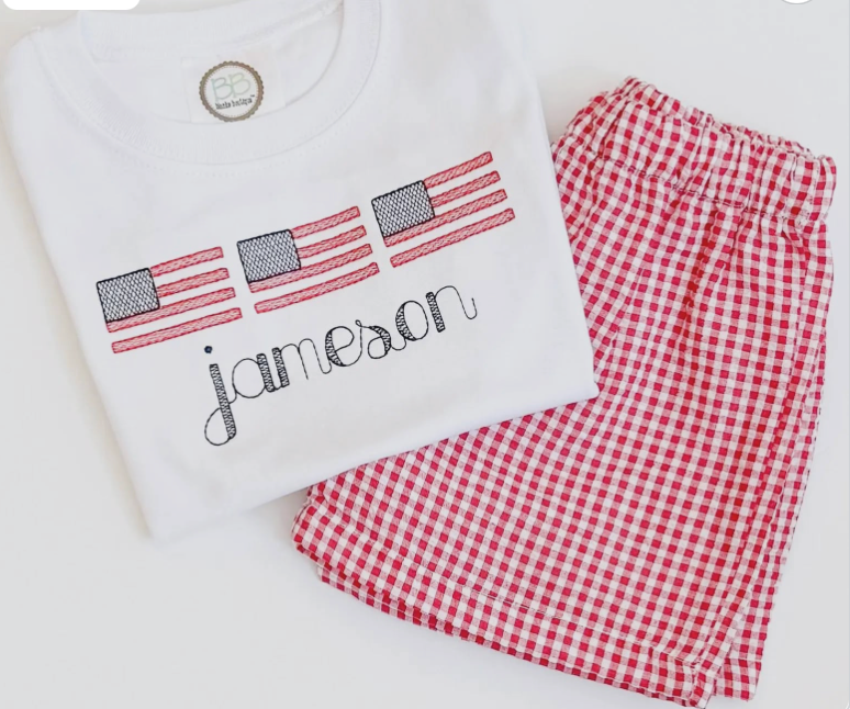 Boys American Flag Embroidered Shirt: Personalized Patriotic Short set