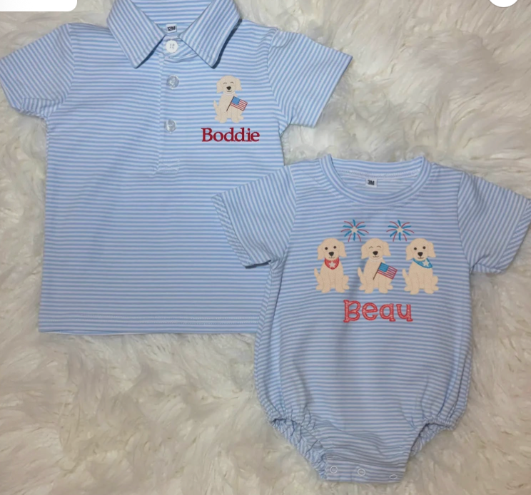 Monogram Patriotic Stripe Bubble or Polo Shirt Embroider Collar Personalize