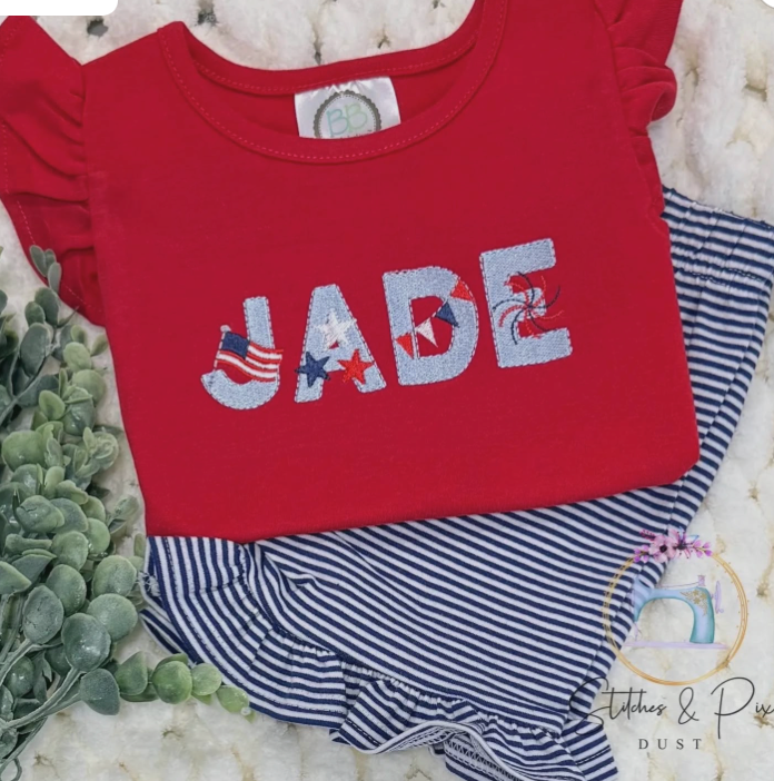 4th of July Monogram/Stripe Ruffle Short Outfit