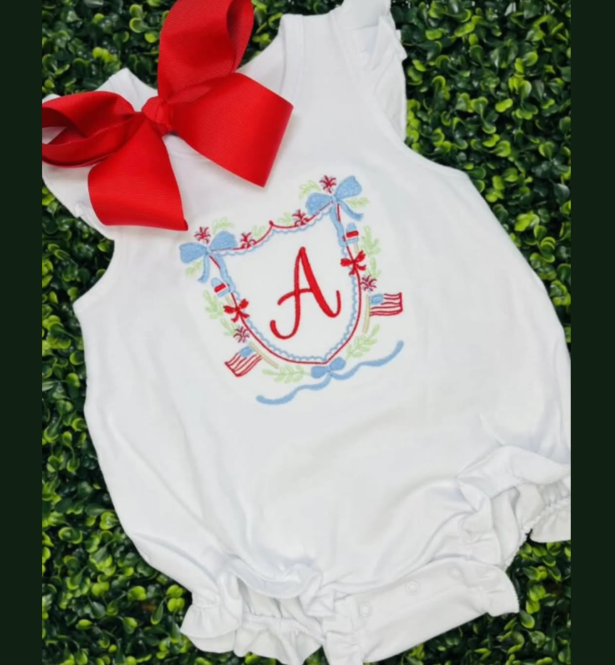 4th of July Initial Bubble Romper~American~Embroidered Patriotic Outfit for Bab