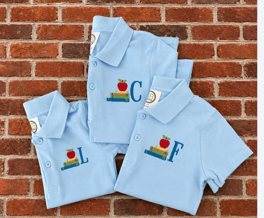 Blue Uniform polo for little with books and apple